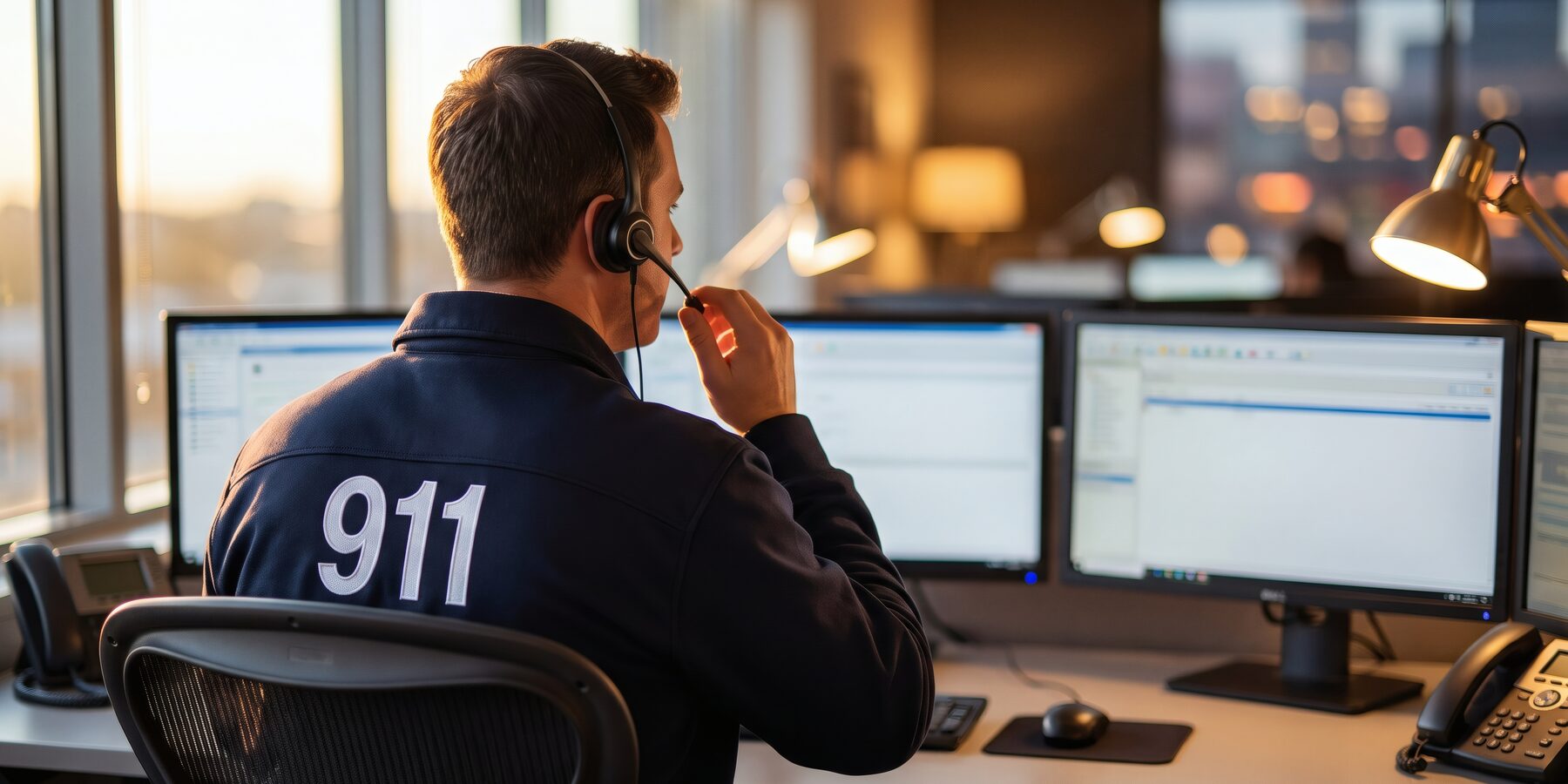 911 dispatcher with a headset at a dispatch console