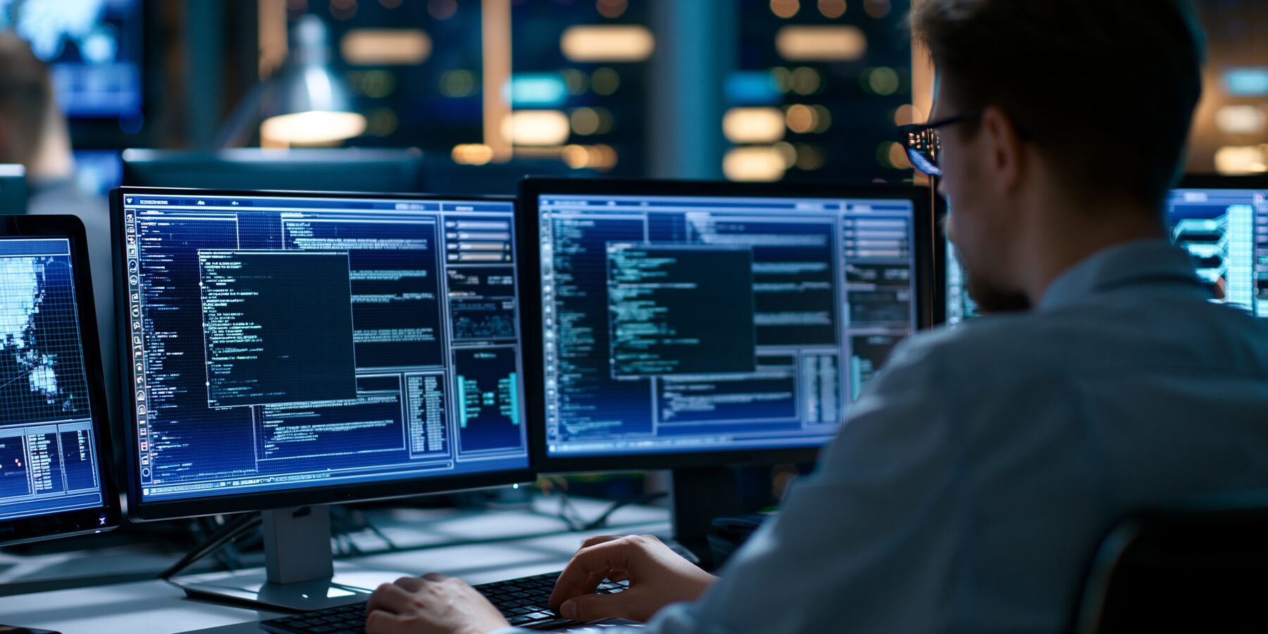Engineer working at multiple monitors in a server operations room